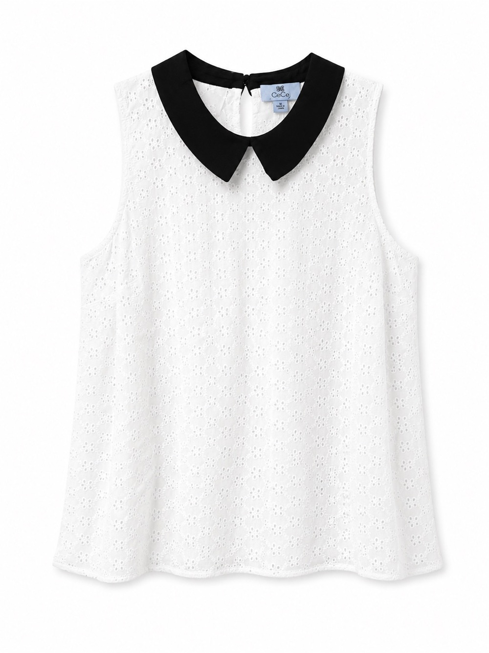 CeCe White Eyelet Sleeveless Top with Black Peter Pan Collar